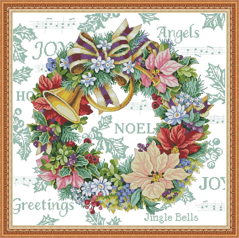 ITSTITCH Printed Cross Stitch Kits 11CT 27X27 inch DIY Embroidery Starter Kits Easy Patterns Embroidery for Girls Crafts DMC Stamped Cross-Stitch Supplies Needlework Honliday Wreath - Image 1